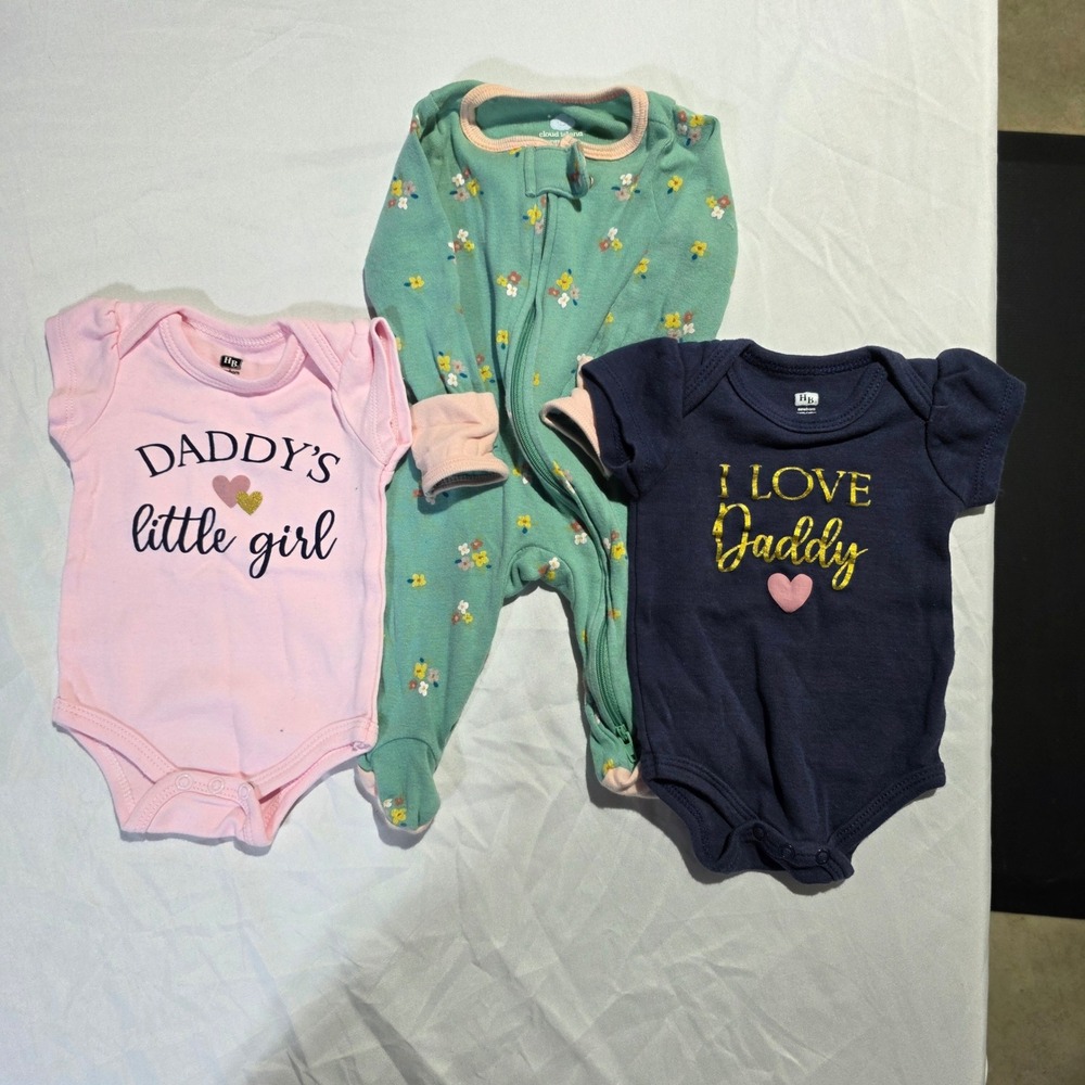 Baby Girl 3 Piece Bundle Cloud Island Floral Sleeper Daddy Bodysuits Pink Navy